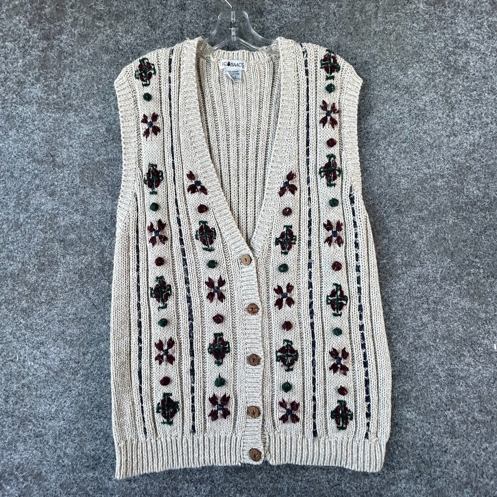 Vintage I.C. Isaacs Knit‎ Sweater Vest Womens L Ivory Embroidered Floral Grandma